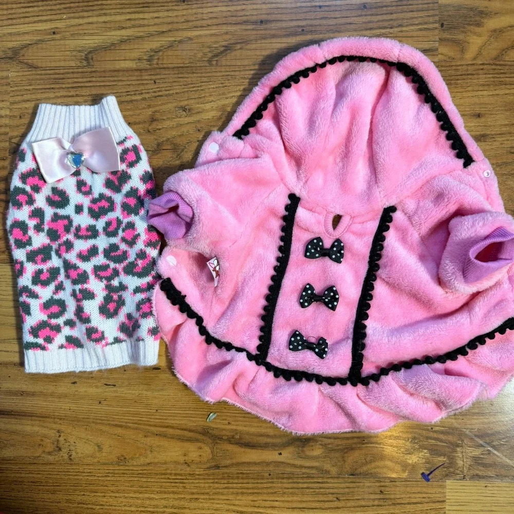 Lot of 5 Pink Small Dog Clothes XS Fleece Jumpsuit Leopard Sweater Harness Dress